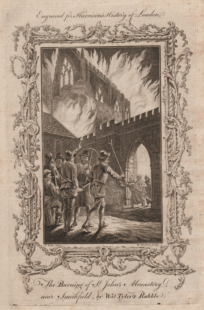 Wat Tyler's rebels burning St John's Monastery, Smithfield. Peasants revolt 1775